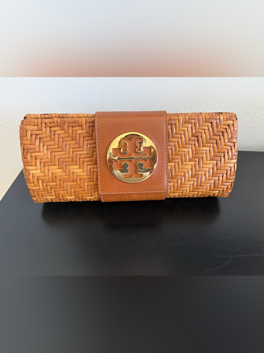 Tory Burch Woven Rattan Leather Clutch. Gold hardware. Like new